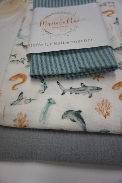 Stoffpaket Musselin/ Ozean/ Blau-Grau