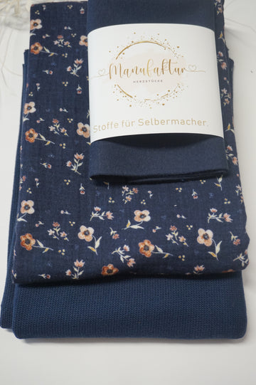 Stoffpaket Musselin/ Baumwollstrick Blümchen/ Blau