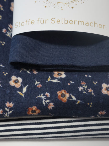 Stoffpaket Musselin/ Jersey Blümchen/ Ringel Blau